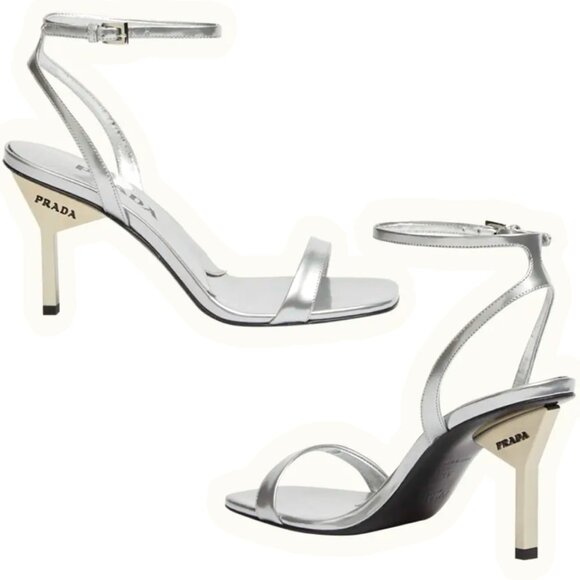 Prada Argento Donna Womens Sandals Metallic Leather Strappy Heels Size 38 US8 - Picture 1 of 16
